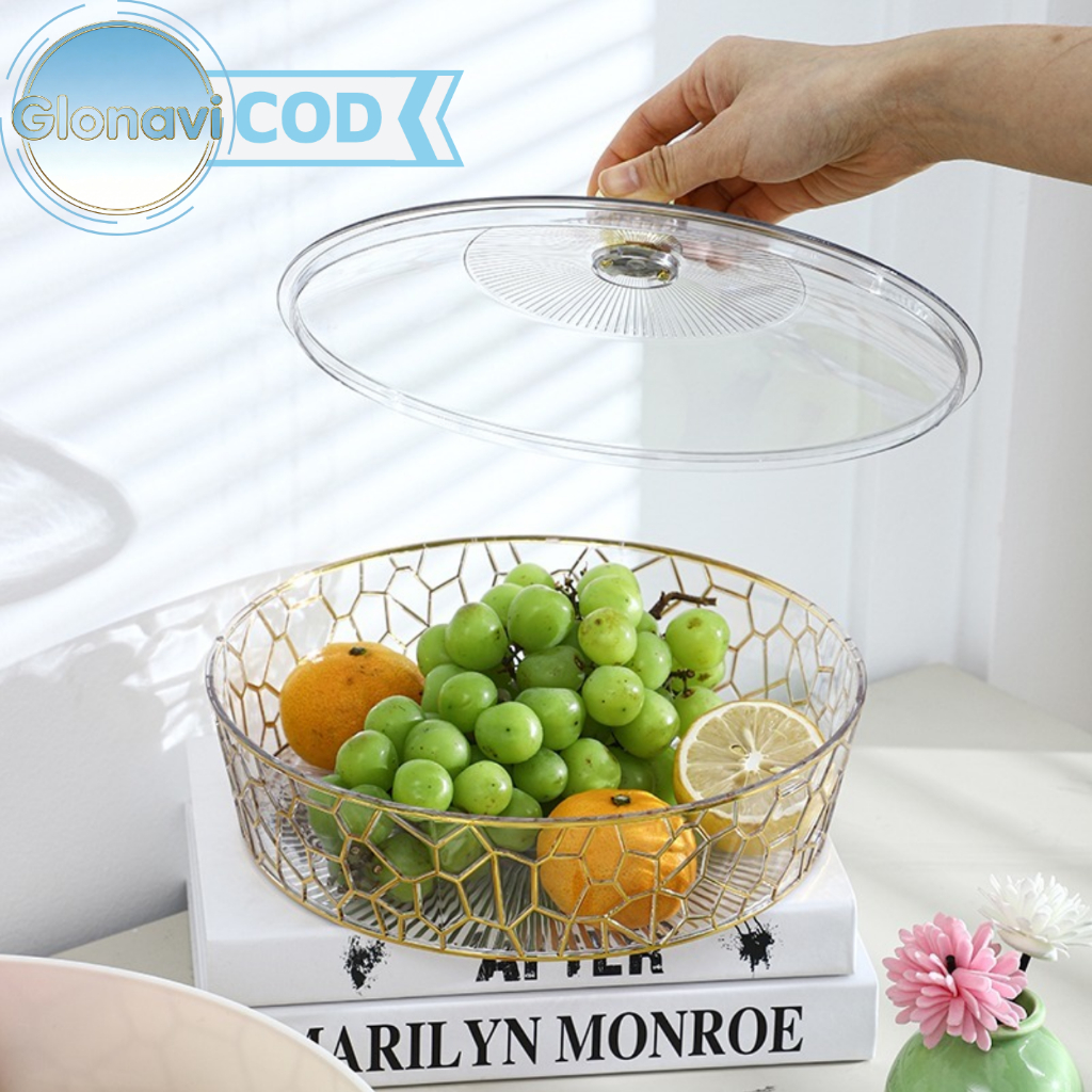 Piring bundar plastik transparan, piring buah, dengan tutup.