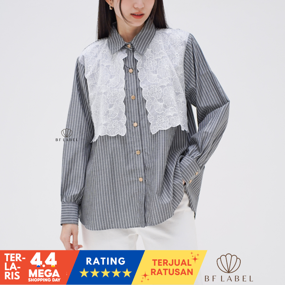 BF Label - NIKITA SHIRT | Striped with Embroidery | Kemeja Wanita Stripe dengan Renda Mewah