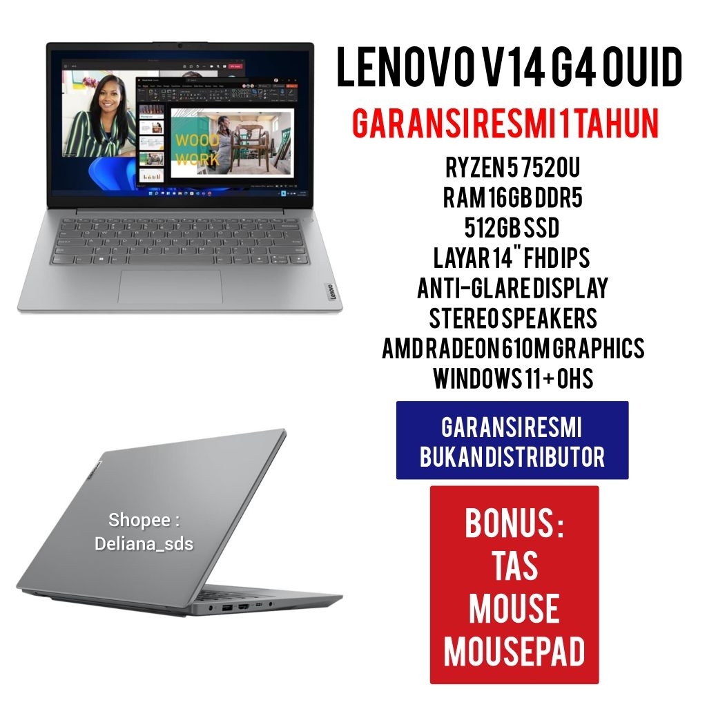 Laptop Lenovo V14 G4 0UID Ryzen 5 7520U 16GB/512GB SSD 14" FHD IPS Garansi Resmi 1 Tahun Laptop Leno