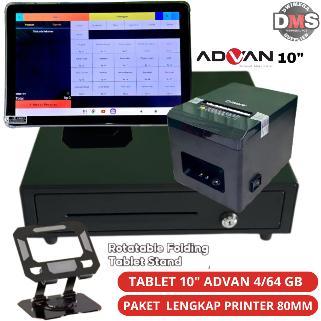 Tablet Advan 10" Mesin Kasir Android 4/64 Gb - POS Paket Siap Pakai- untuk Resto, Cafe, Barber Shop,