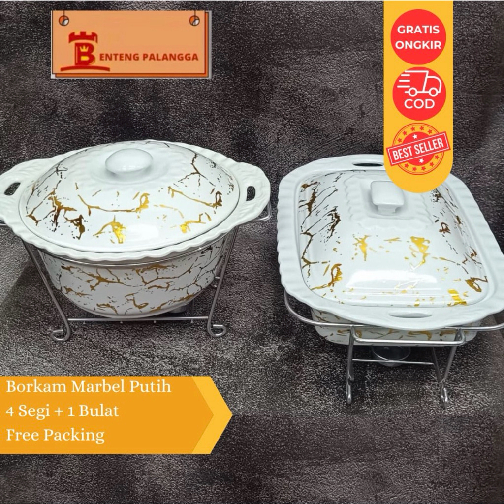 Borkam Keramik Set 4 Segi + 1 Bulat Prasmanan Marbel Putih /Wadah Saji & Panci Penghangat Makanan | 