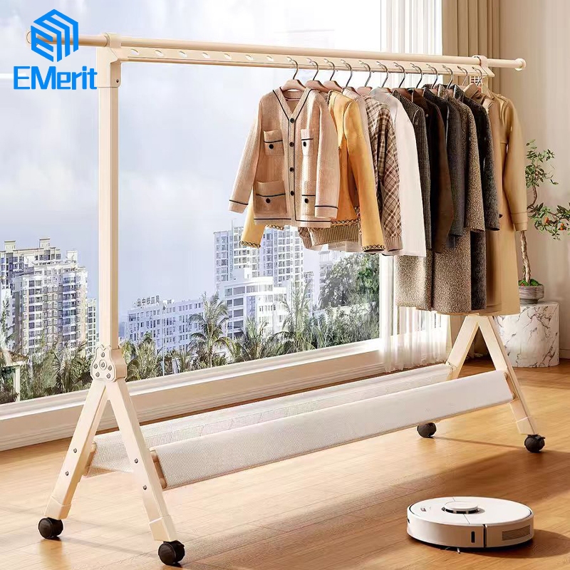 Jemuran Baju Lipat Aluminium Single Jemuran Pakaian Portable Den Roda Jemuran Baju Stainless Serbagu