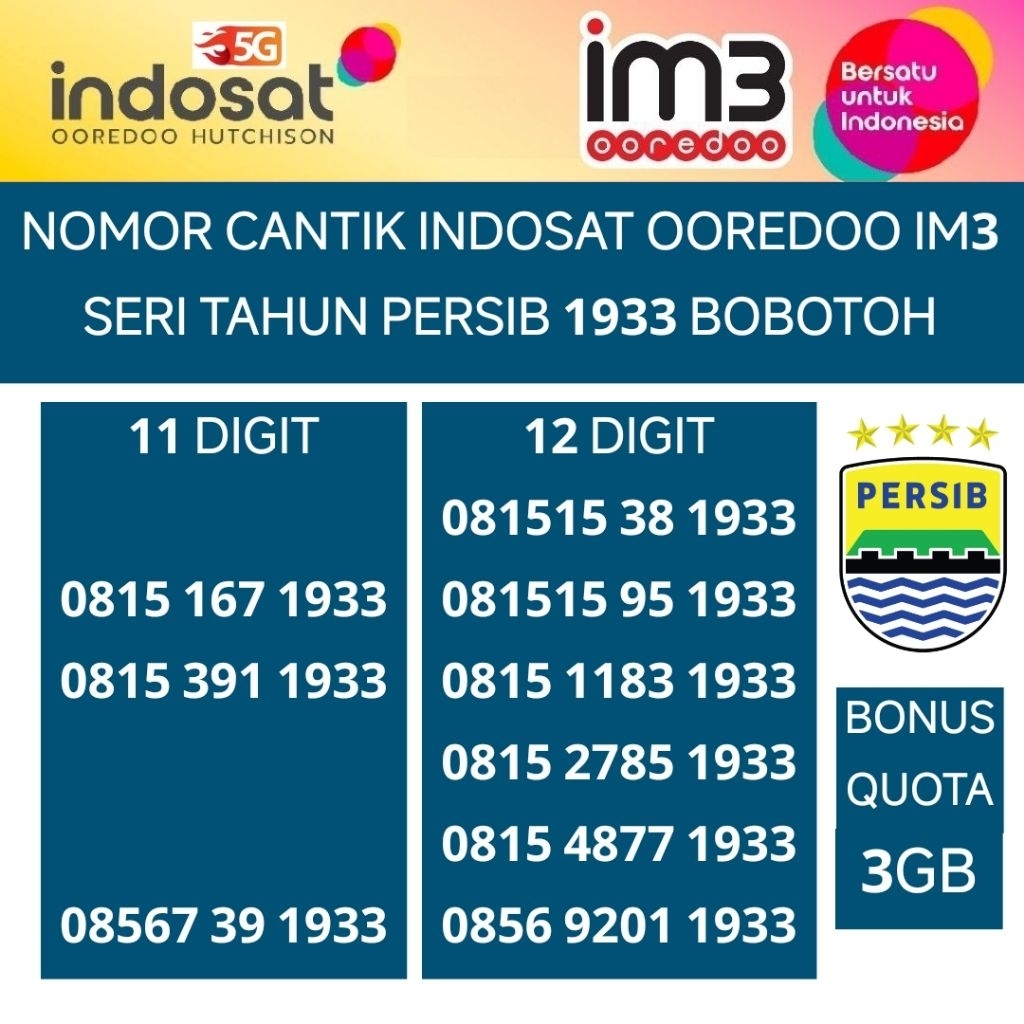 im3 persib 1933 indosat ooredoo tahun nomor cantik nomer kartu perdana bobotoh