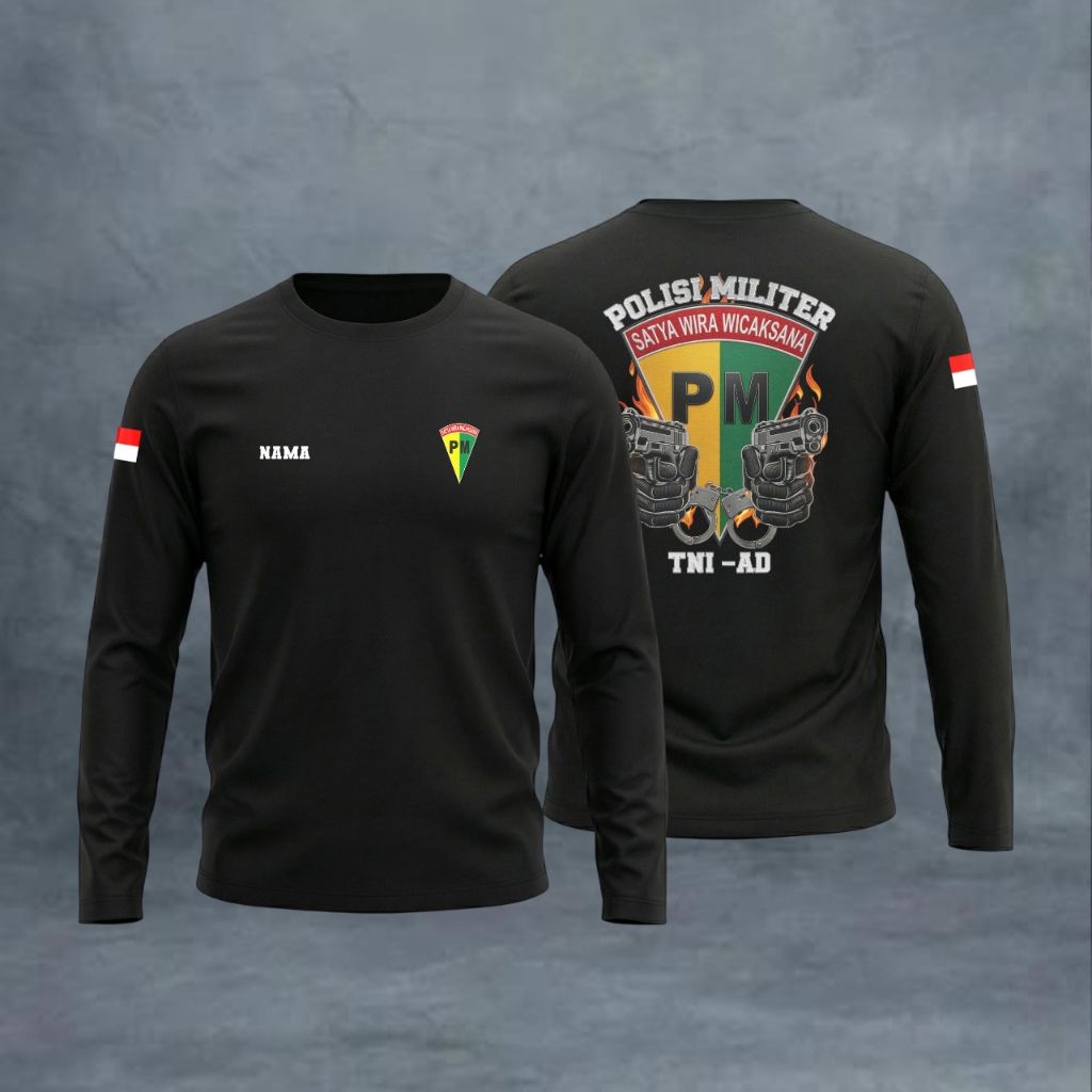Kaos Taktikal PM Polisi Militer TNI-Au Hitam Combed 24s Free Nama Tangan Panjang Dan Pendek Halus