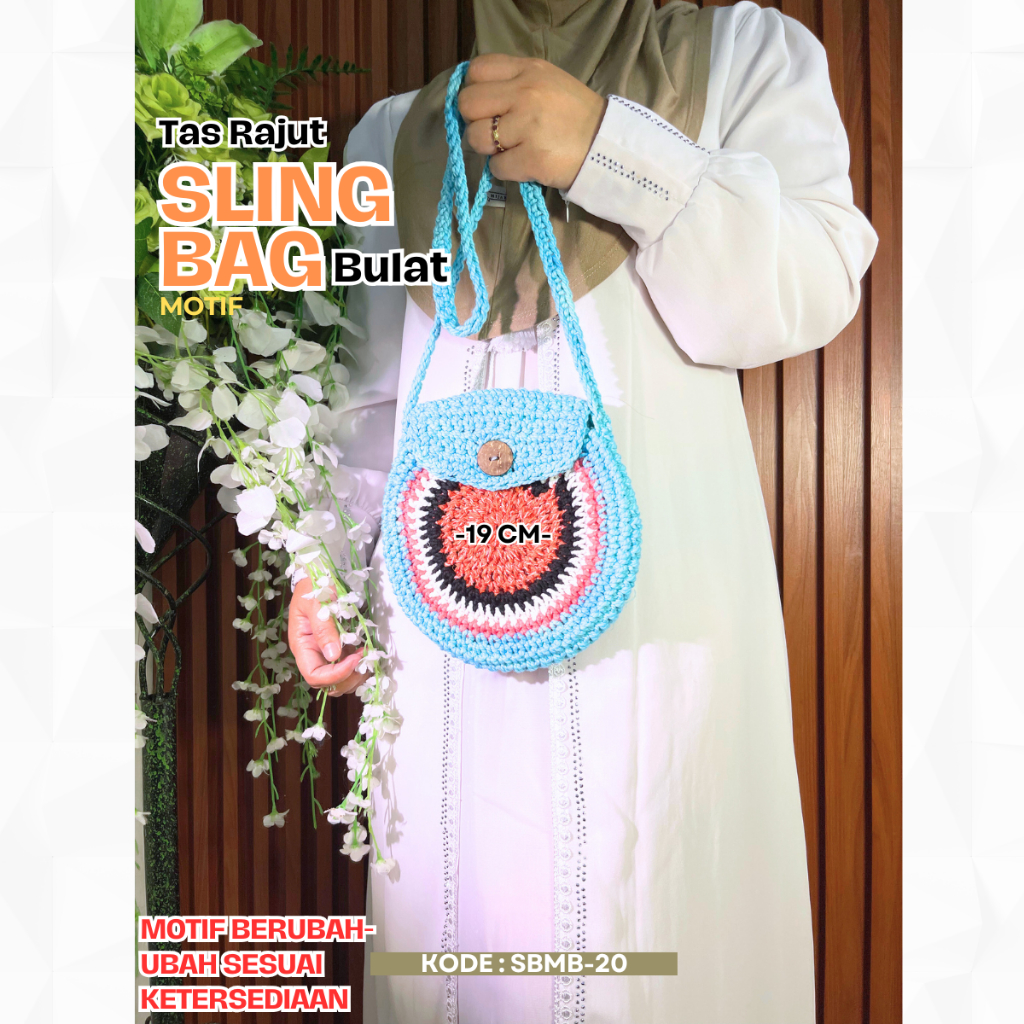 Tas Rajut Wanita - Sling Bag Bulat Motif Polos