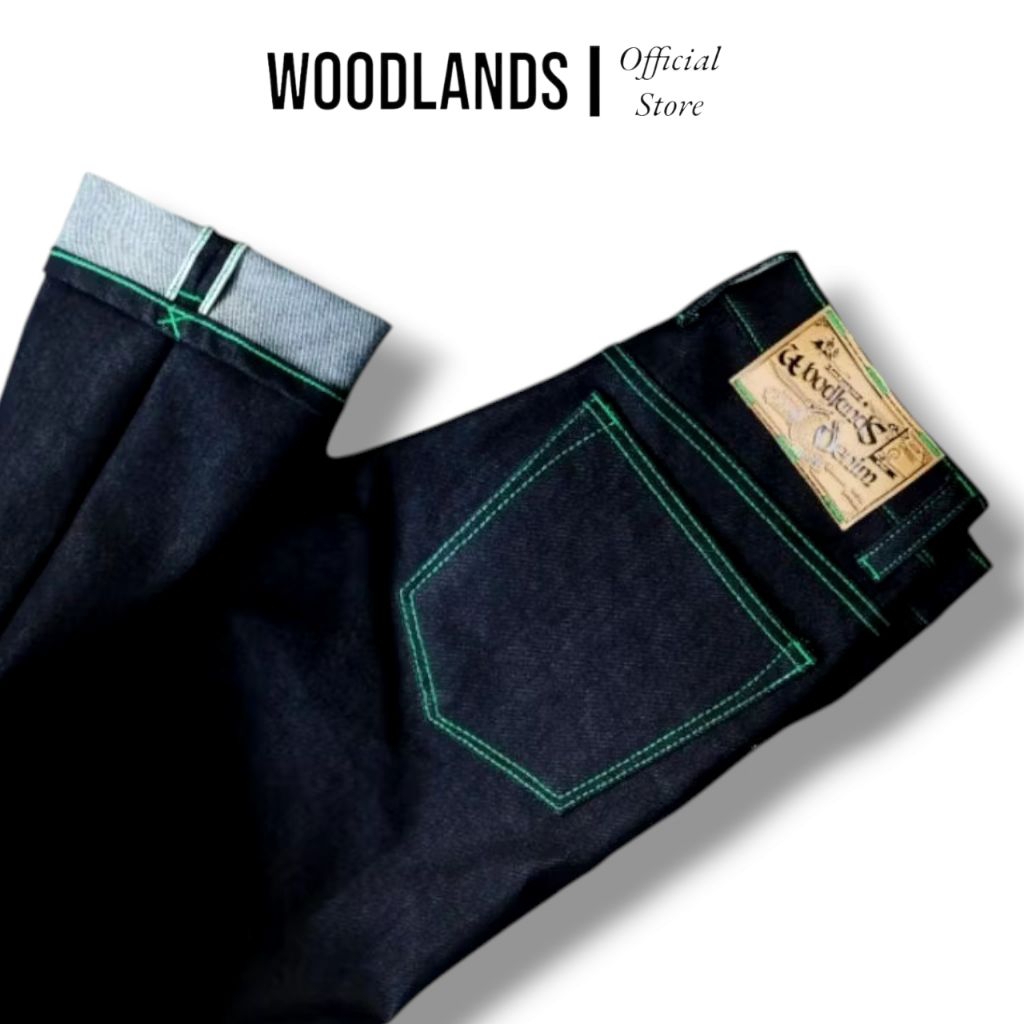 celana jeans blue black indigo semi strect 14oz accen selvedge green line...