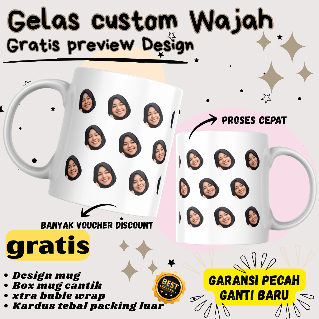Gelas Custom  Wajah Gratis Prevew Design Cetak Foto Nama Souvenir kado murah berkualitas Garansi PEC
