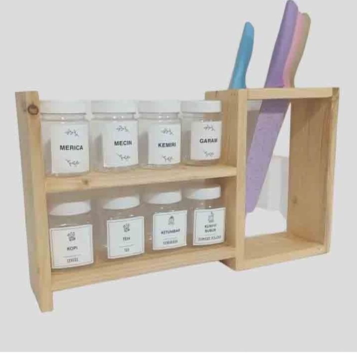 tempat bumbu dapur/rak kombinasi tempat bumbu dapur pisau /rak kayu tempel dinding