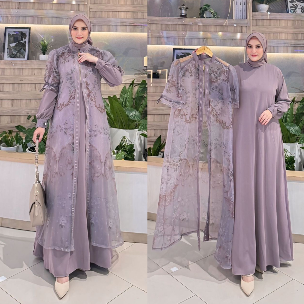 Ghaniazira - Dress Kinara Gamis Organza Mix Marbella Rompi Lepas Motif Sultan Baju Pesta Wanita