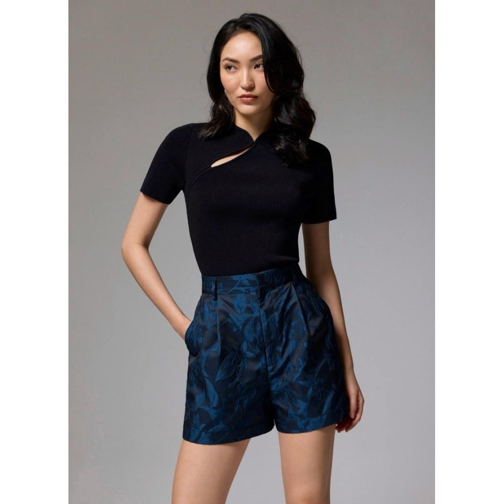 Love Bonito brocade a-line short navy blue