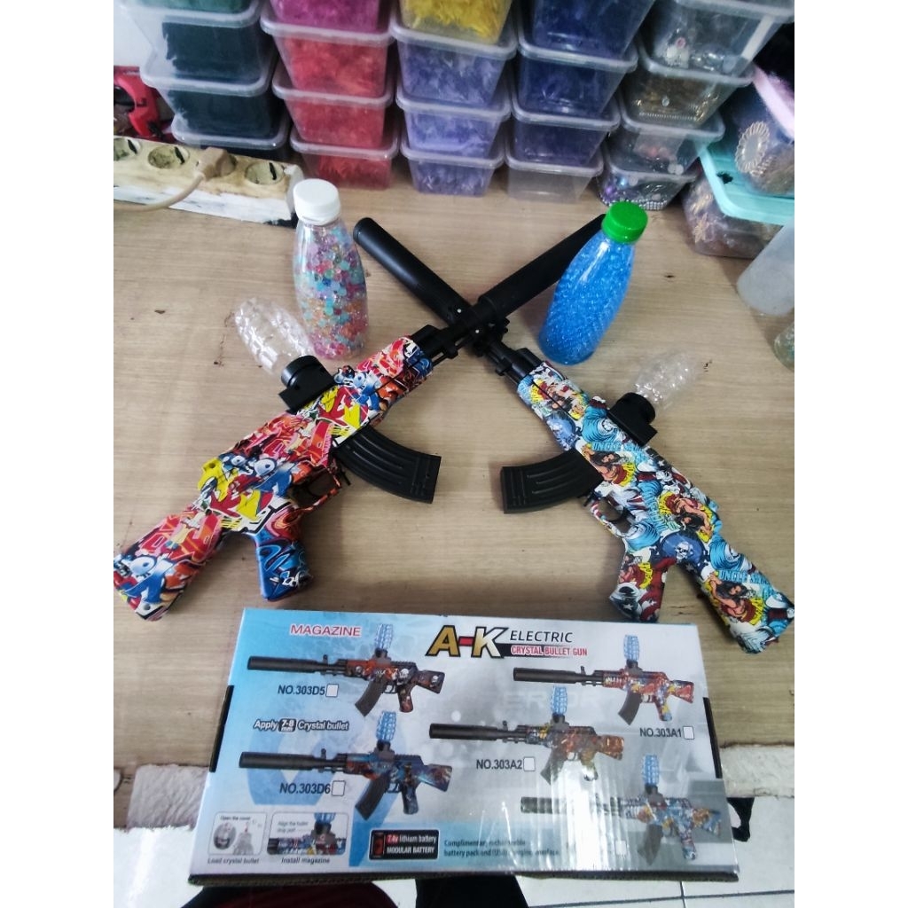 tembakan mainan water jely gun jeli baterai casan kencang Ak47 elektrik motif gambar