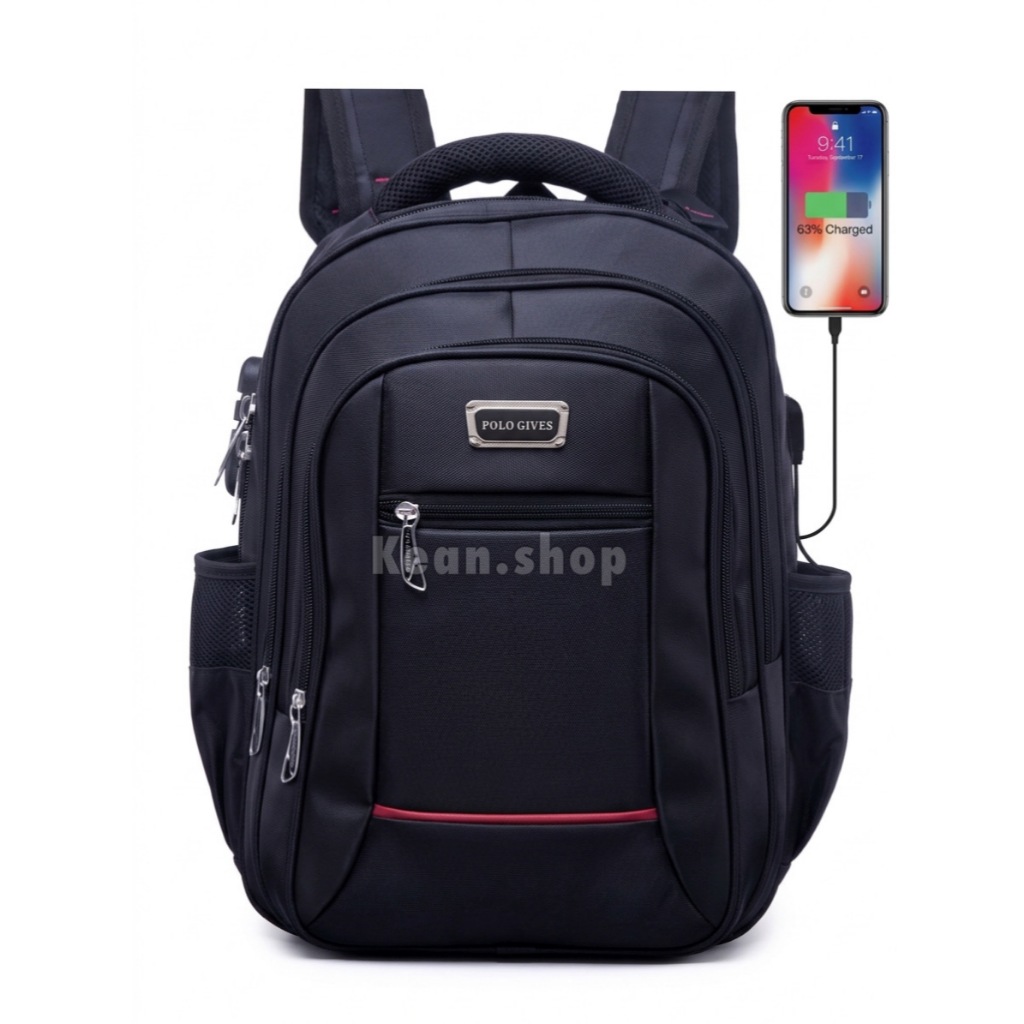 POLO GIVES 16 Inch Tas Ransel Kerja Tas sekolah Kunci Usb Port POLO Original Import + Raincover