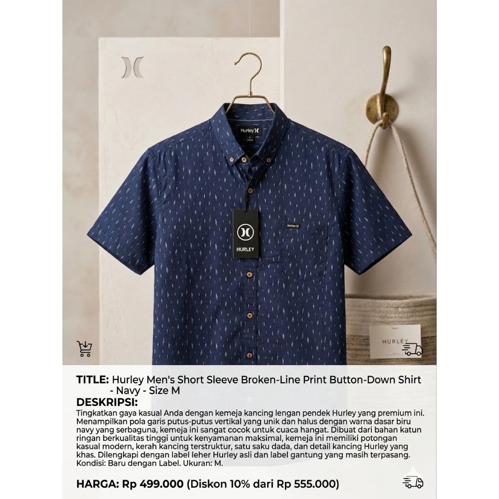 Kemeja Pendek Hurley Pattern Lengan Pendek - Biru Navy - L