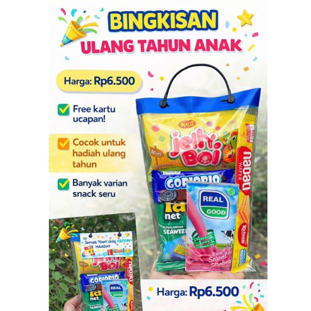 SNACK ULANG TAHUN ANAK MURAH/BINGKISAN ULANG TAHUN ANAK/PAKET ULTAH PREMIUM SNACK ANAK FREE KARTU/SO