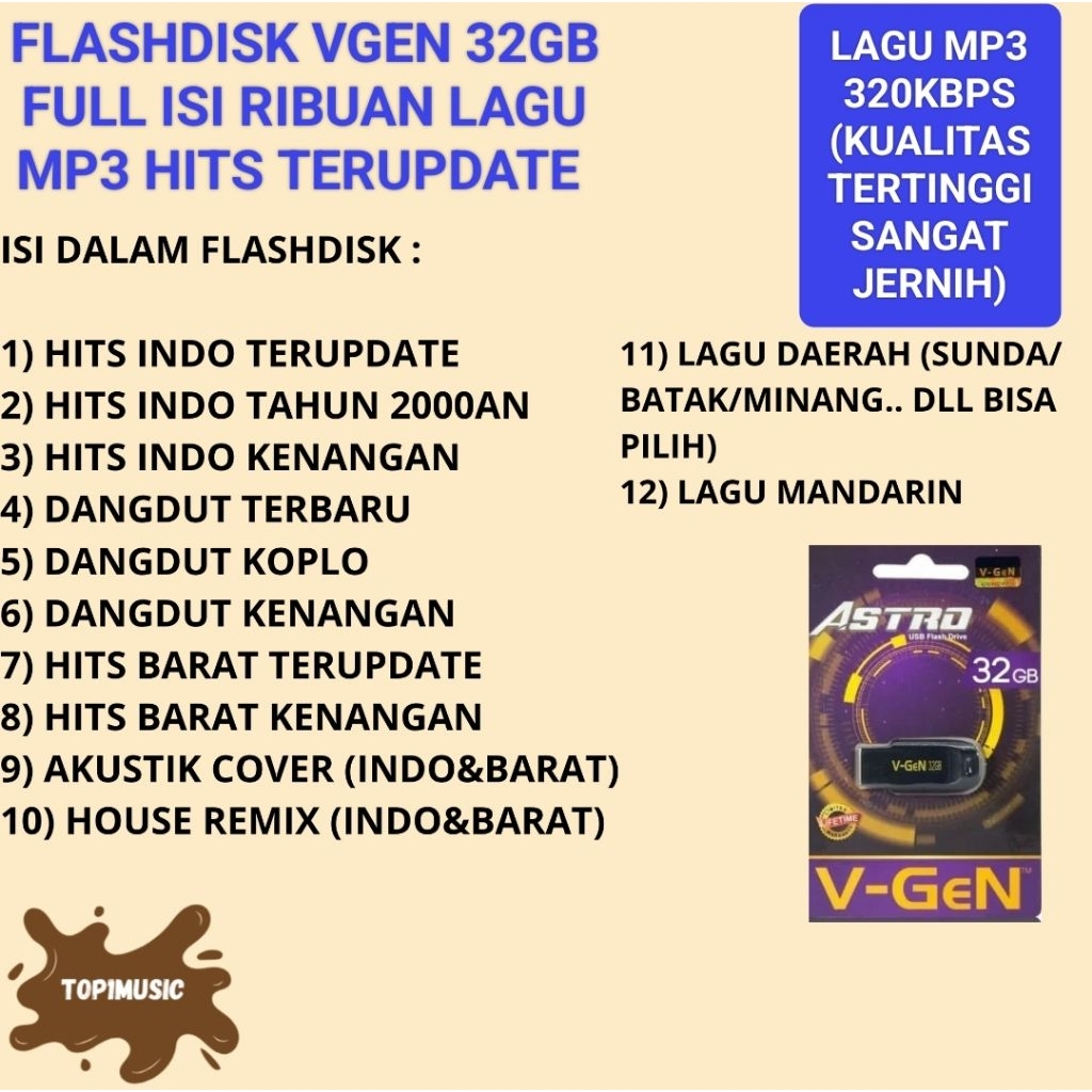 flashdisk vgen 32GB isi full lagu mp3 player Mandarin