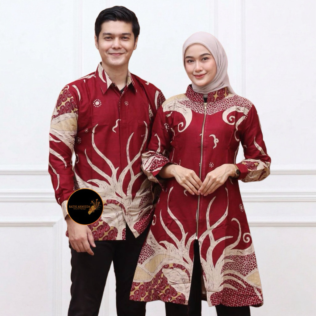 Atasan Baju Batik Couple Tunik Resleting Depan Bahan Full Katun Batik Pekalongan Motif Akar Merah