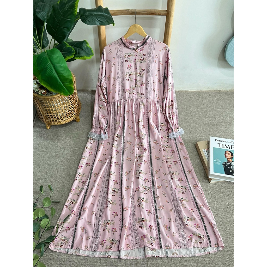 DRESS PINK LENGAN RENDA 3049 GAMIS RAYON PINK RENDA