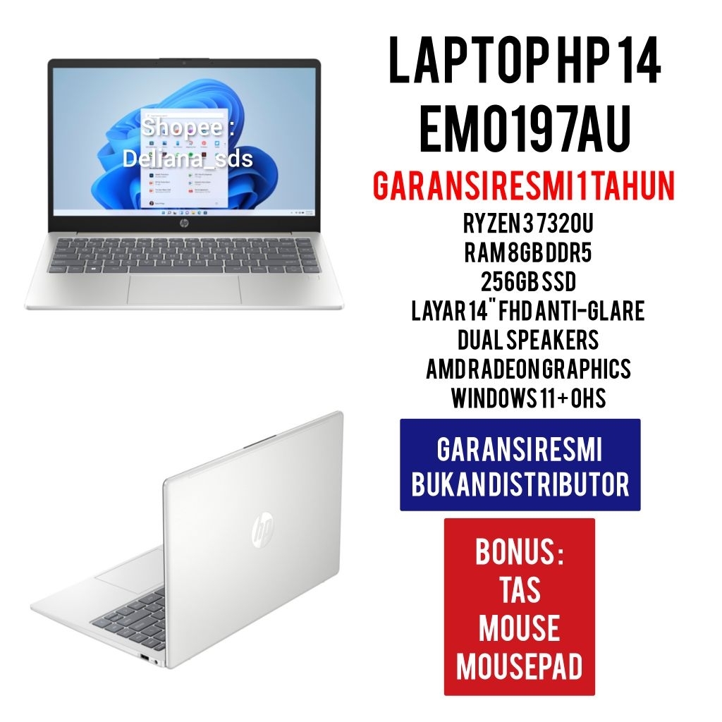 Laptop HP 14 EM0197AU Ryzen 3 7320 8GB/256GB DDR5 14" FHD Garansi Resmi 1 Tahun Laptop HP EM0197AU L