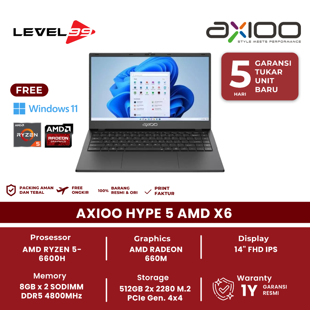 Axioo HYPE 5 AMD X6 RYZEN 5 6600H 16GB 512GB 14" FHD Windows 11 Home - Notebook AXIOO MyBook Hype 5 