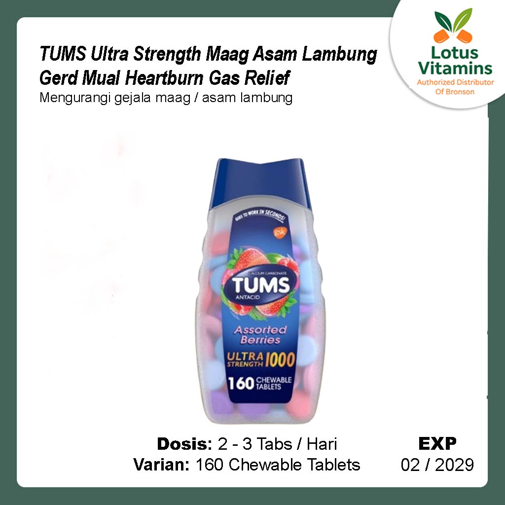 TUMS Ultra Strength Maag Asam Lambung Gerd Mual Heartburn Gas Relief - Berries 160 Chewable Tablets