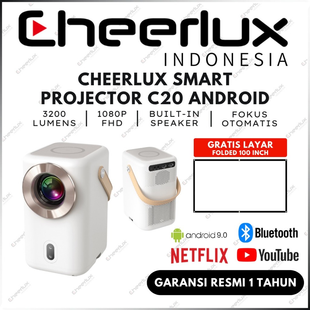 Smart Proyektor LCD CHEERLUX C20 Android TV 9 - 3200 Lumens - TOUCH SCREEN BUTTON  - Auto Focus