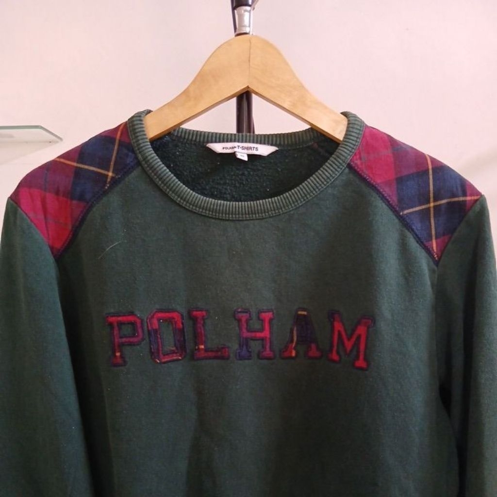 Crewneck POLHAM Sweatshirt dengan gaya varsity bahan katun pleece warna hijau pekat logo bordir  sec