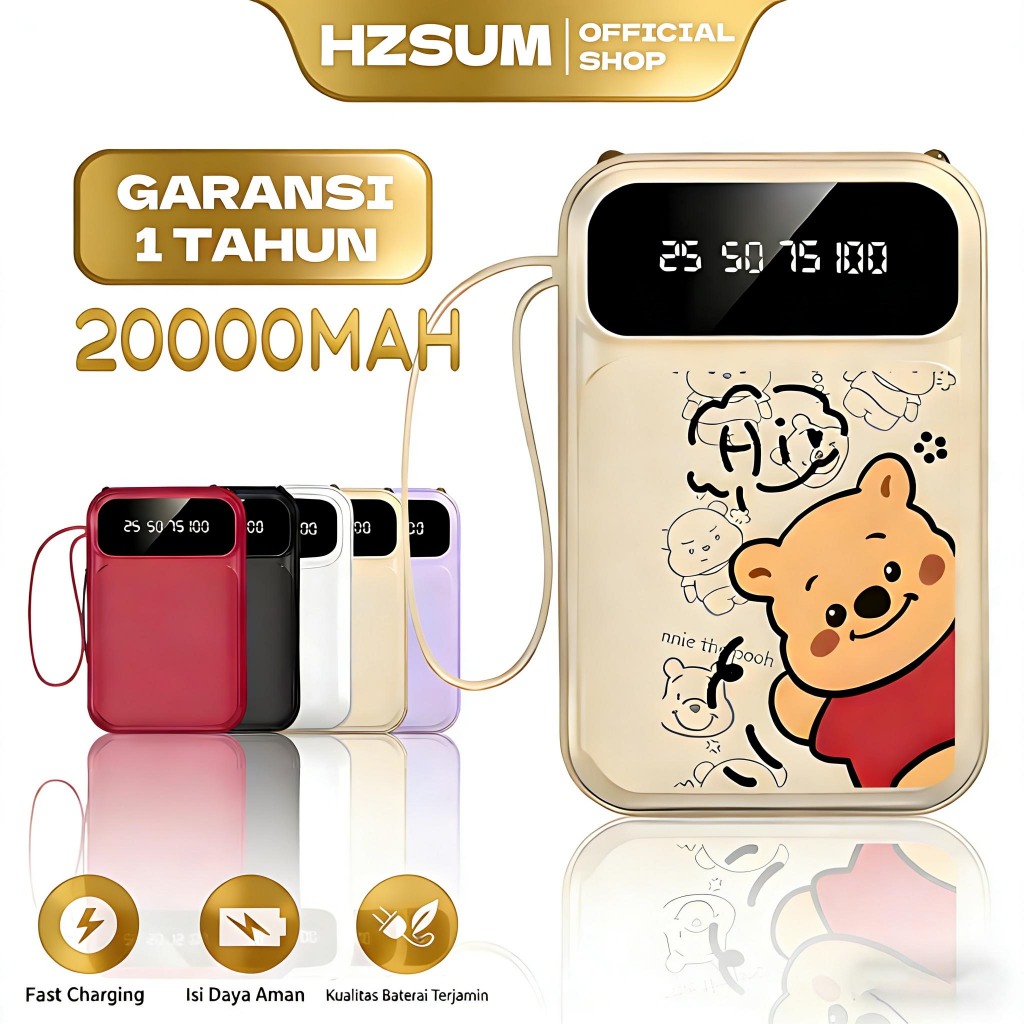 HZSUM LENTIVEN Mini Powerbank 20000 MAh With Kabel Fast Charging LED Senter Display