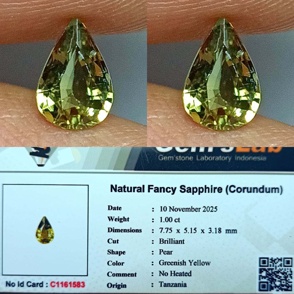 NATURAL FANCY SAPPHIRE TANZANIA TOP LUSTER GREENISH YELLOW NO HEATED MEMO GLI LAB ID