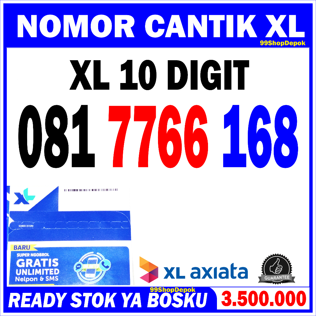 Nomor Cantik XL 10 DIGIT, XL 081 7766 168, Kartu Perdana Nomer Cantik XL 4g 5g 10 ANGKA 168