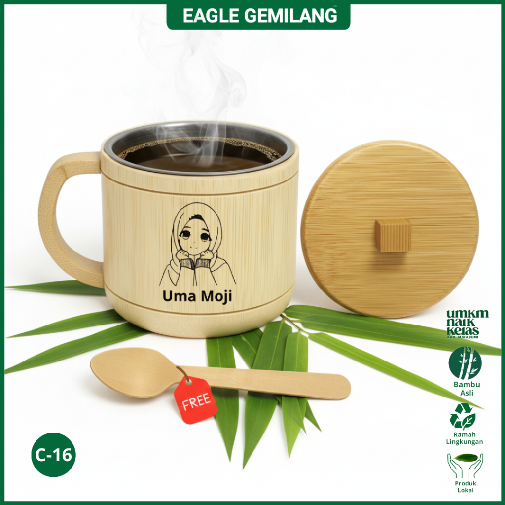 Cangkir Gelas Bambu Tutup Bambu,  ( CUSTOM NAMA + TUTUP ) Gelas Kopi Unik Klasik Estetik Kerajinan T