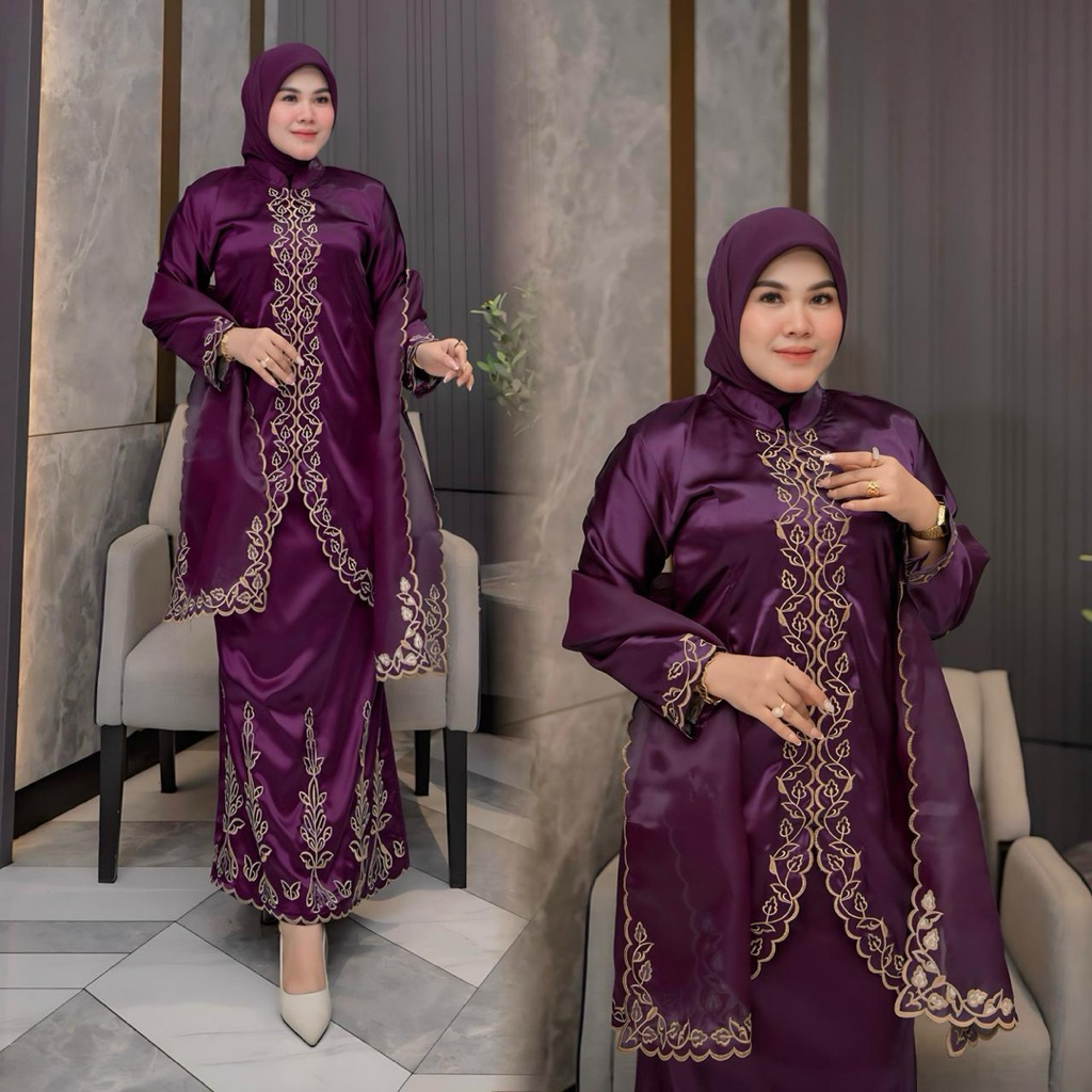 Setelan Baju kurung Melayu bordir set selendang wanita terbaru