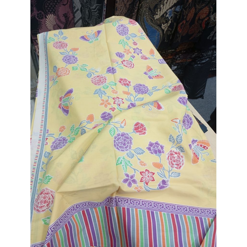 kain batik motif encim warna kuning pastel bahan katun halus premium