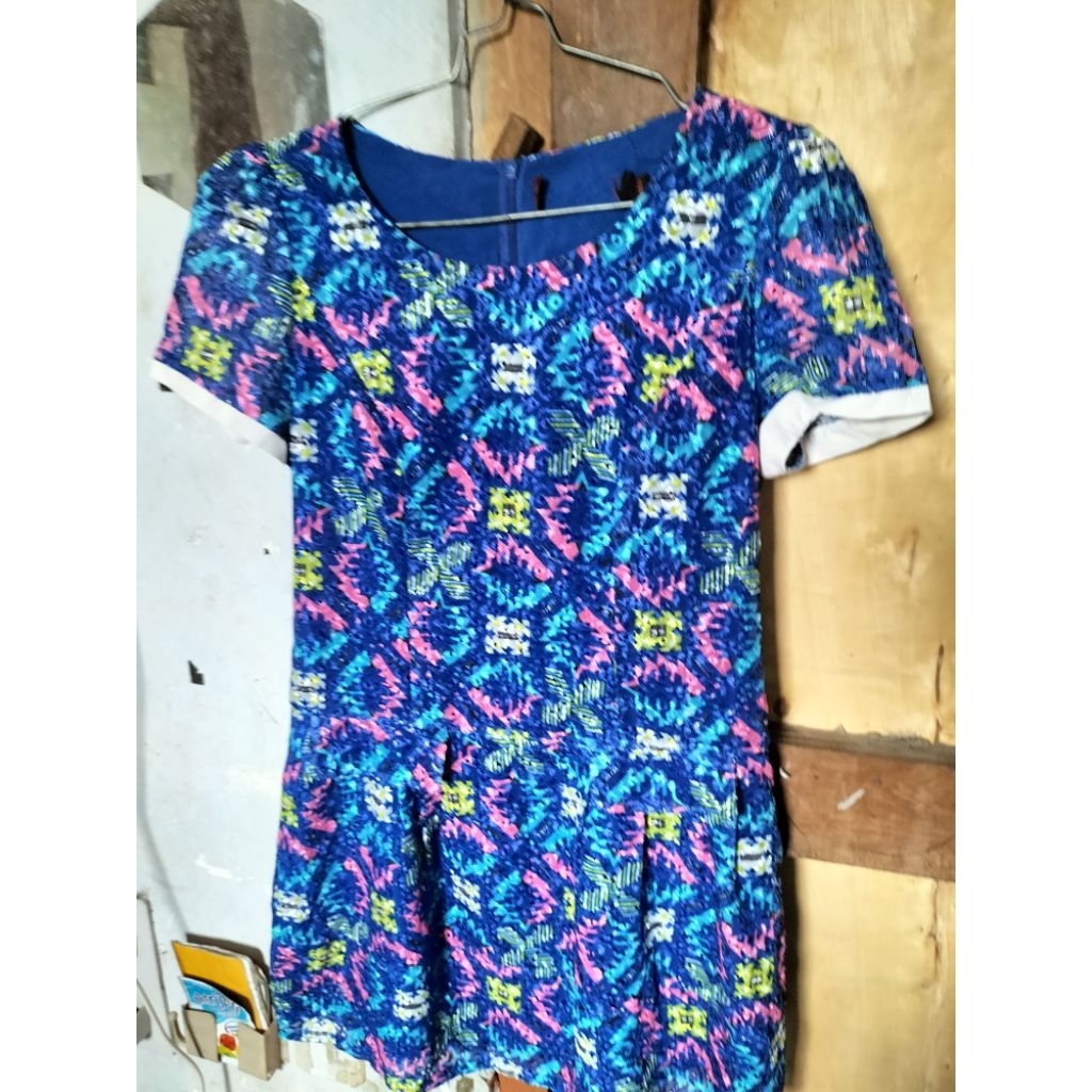 dress brukat motif tribal biru bunga minidress Korea BKK bangkok