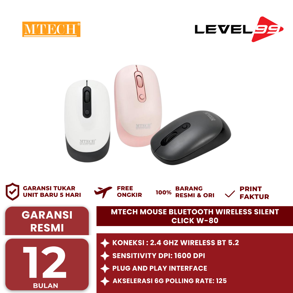 MTECH Mouse Bluetooth Wireless Silent Click W-80 - Mouse M-TECH Dual Mode (2.4G+BT) W80 - M-TECH MTE