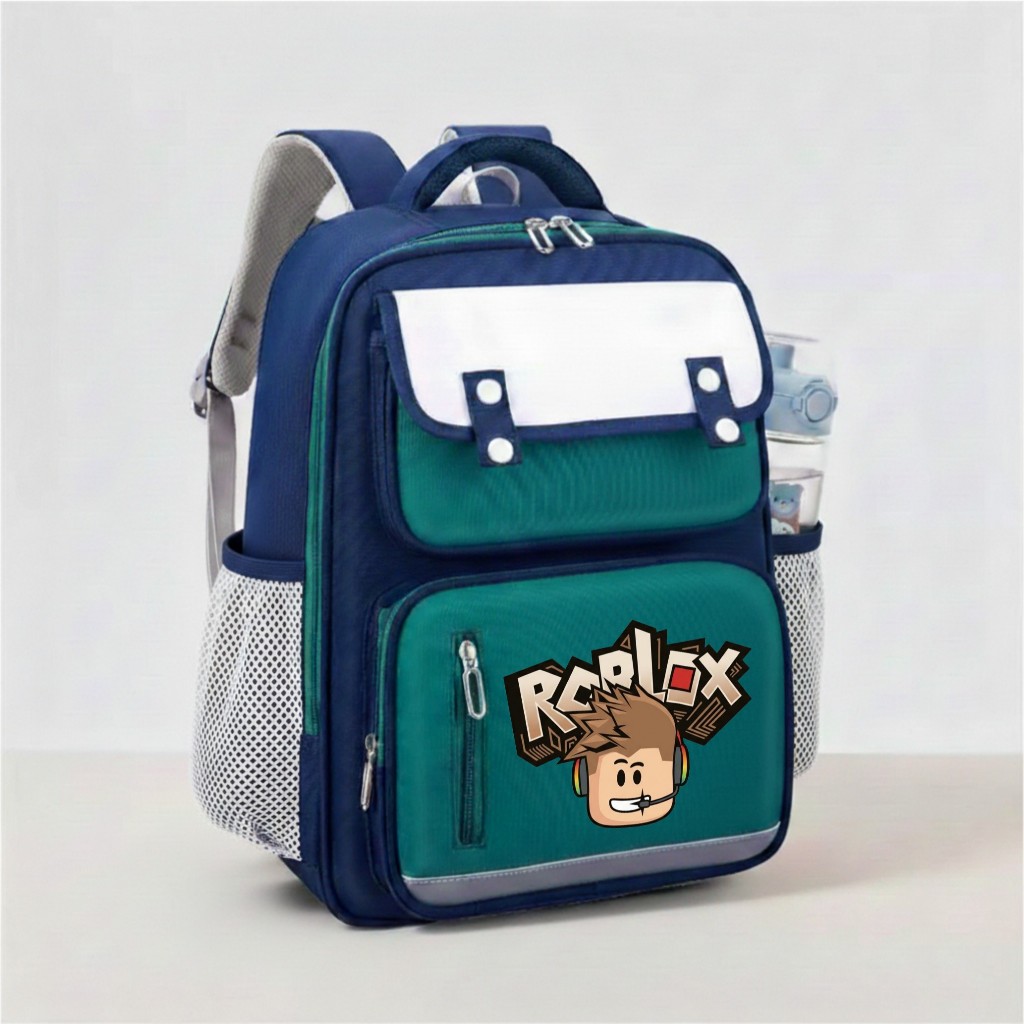 RAINDOZ - Tas Ransel Sekolah Anak Laki-laki SD SMP Backpack Cowok Cewek Navy Putih Roblox Wood Tas P