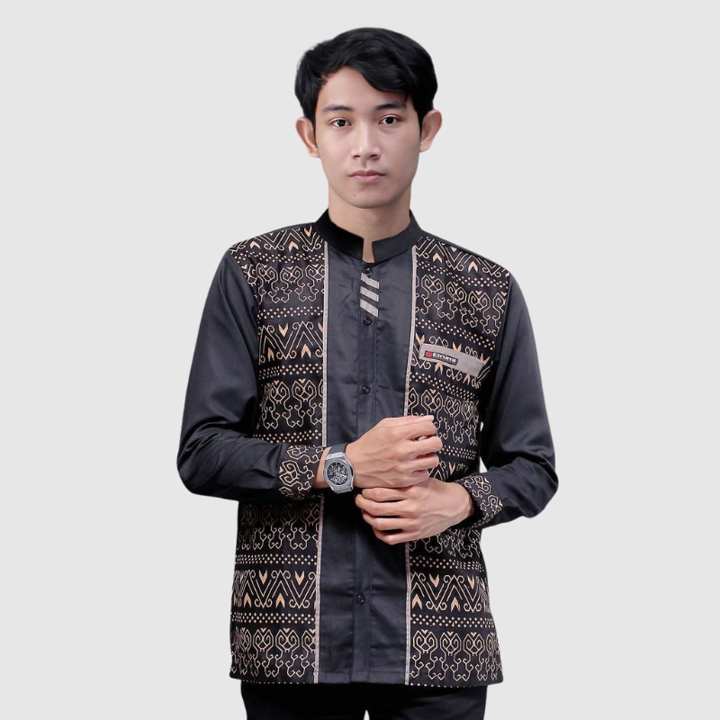 Baju Koko Pria Dewasa El Rumi Kombinasi Batik Motif JariList Terbaru Warna Hitam