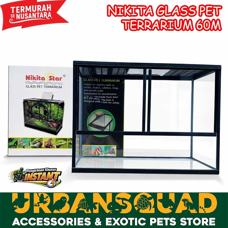 [INSTANT] Nikita Glass Pet Terrarium 60M Kandang Reptil Kura Kura Ular Kaca Pintu Slide
