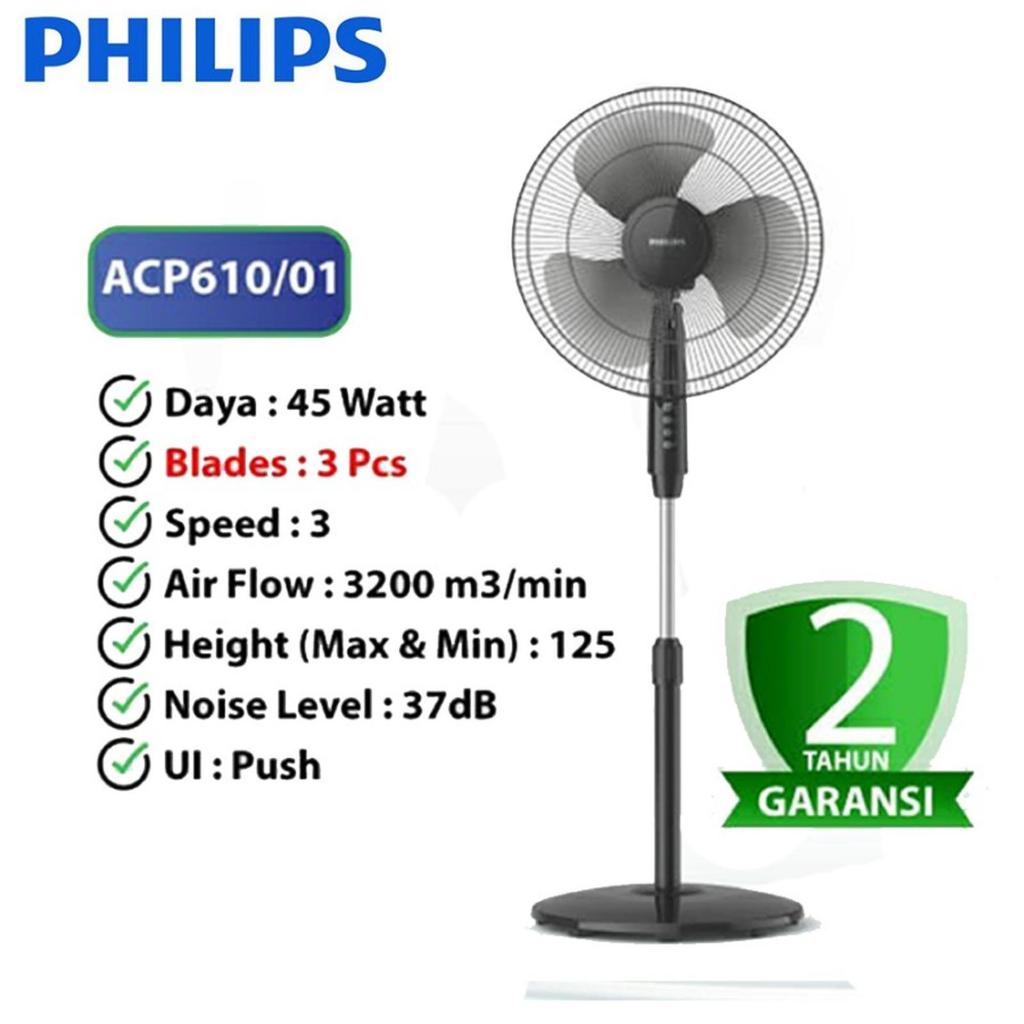 Kipas Angin Berdiri Philips ACP610/01 16 Inch Hitam dengan 3 Kecepatan dan Oszilasi 80° Horizontal