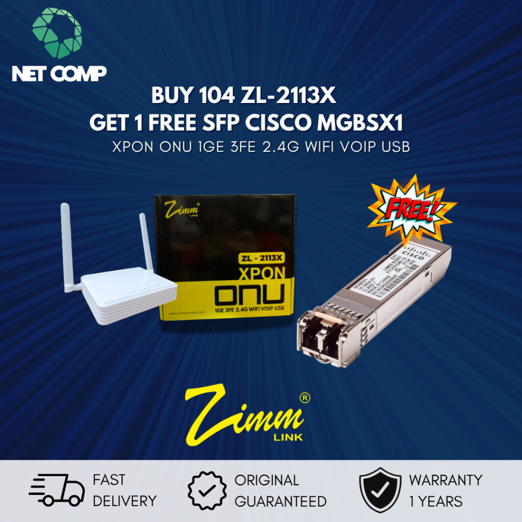 ZIMMLINK XPON ONU ZL-2113X Support ONT EPON & GPON 1GE 3FE 2,4G Wifi VOIP (1 BOX ISI 104 UNIT) FREE 