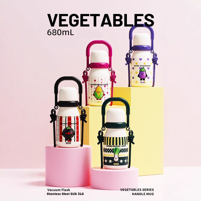 Termos Botol Minum Stainless Steel 2 Cara Minum Motif Sayuran & Aneka Tulisan I Termos Tenteng Tali 