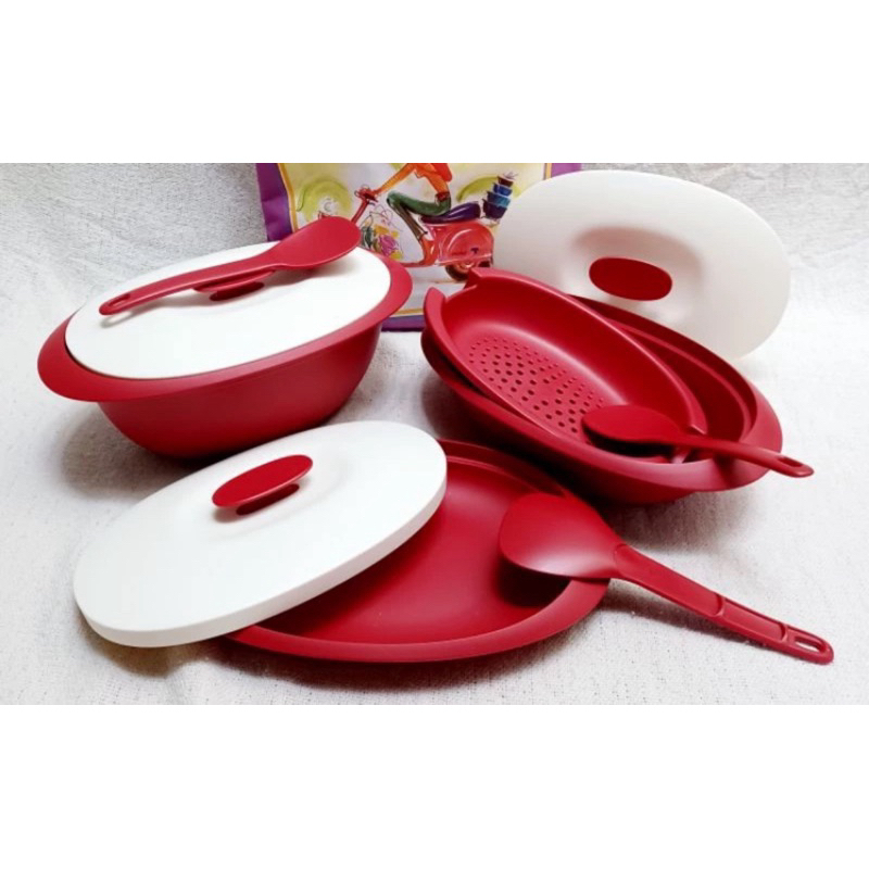 wadah saji tupperware warna cherry blossom & biru turqoise