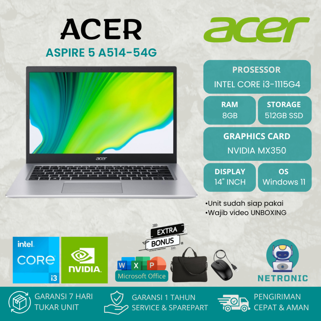 ACER ASPIRE 5 A514-54 INTEL CORE i3-1115G4 RAM 8GB SSD 512GB 14" HD NVIDIA MX350