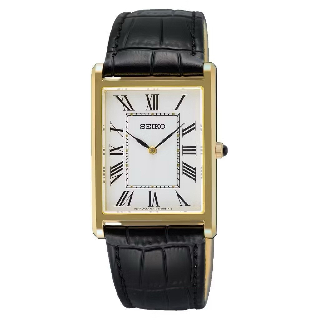 Jam Tangan Pria Seiko Tank SWR104P1 Quartz White Dial Gold Black Leather Strap Sapphire Crystal | Se