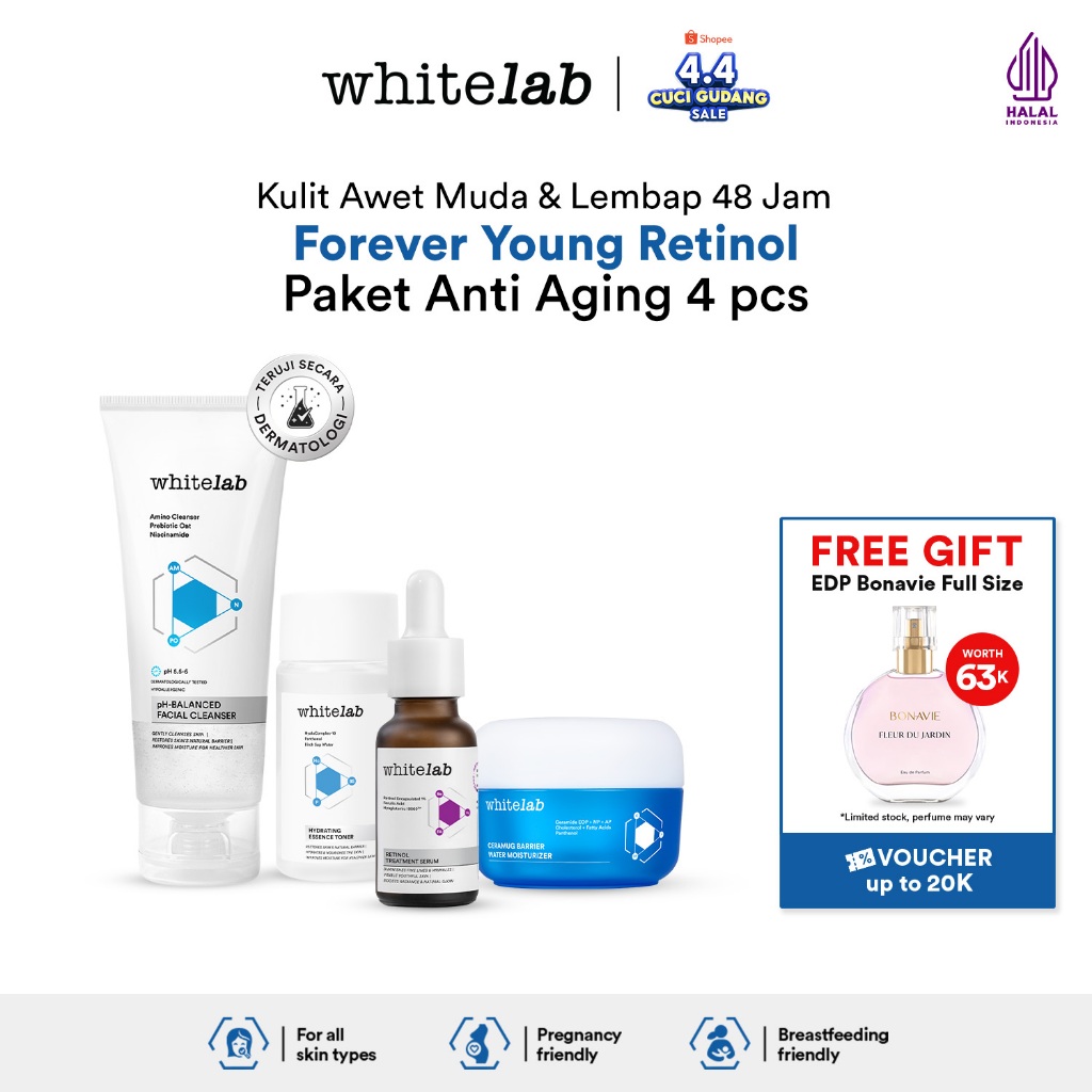 Whitelab 4 pcs Anti Aging Series - Facial Cleanser, Essence Toner, Serum, Moisturizer Paket Skincare