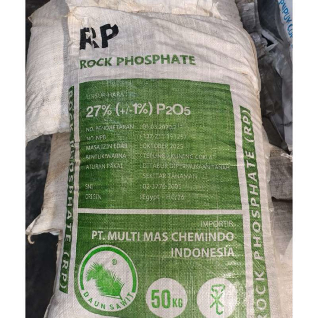 50kg Pupuk RP Rock Phosphate merk Daun sawit P2O5 : 27% kemasan 1 karung