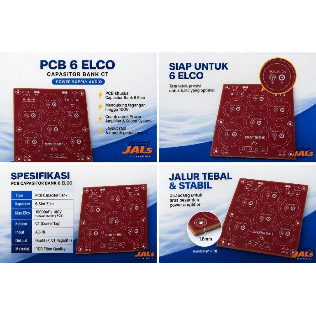 PCB 6 ELCO CAPASITOR BANK CT – POWER SUPPLY AUDIO AMPLIFIER JALS ELEKTRONIK