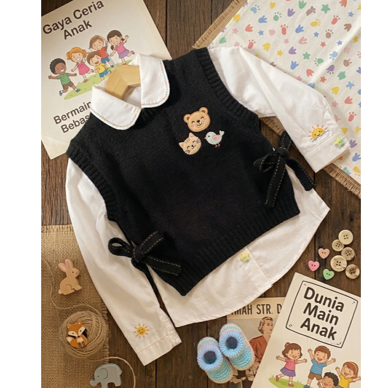ROMPI VEST TALI RAJUT DAN KEMEJA ANAK USIA 4-12 TAHUN - SETELAN ANAK - ONE SET VEST DAN KEMEJA