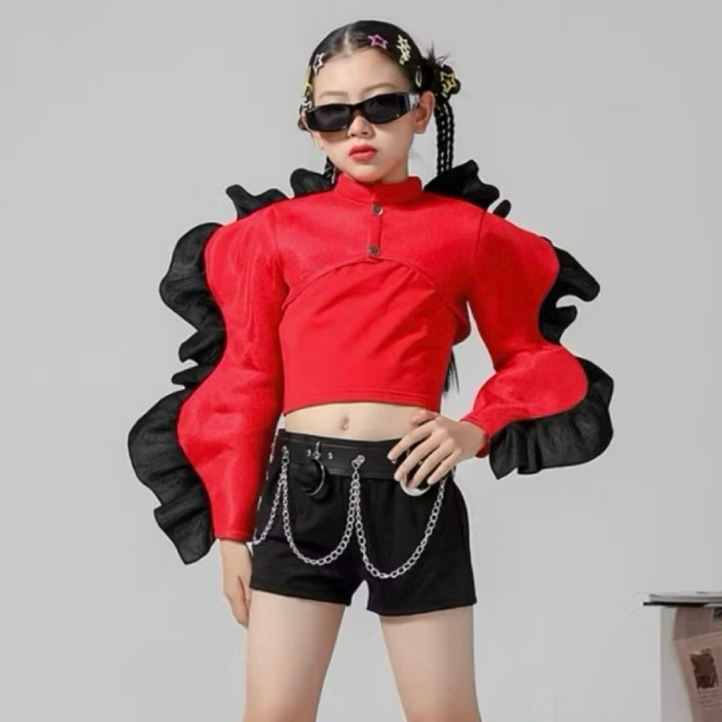 Sequiin Sole Red Black Puff Top Kids Dance Costume/Set Baju Dance Anak Hip Hop/Kpop Anak