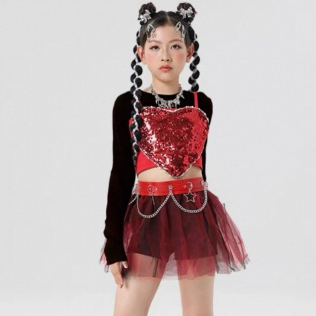 Sequiin Sole Red Love Sequin Set Kids Dance Costume/Set Baju Dance Anak Hip Hop/Kpop Hati Set Merah