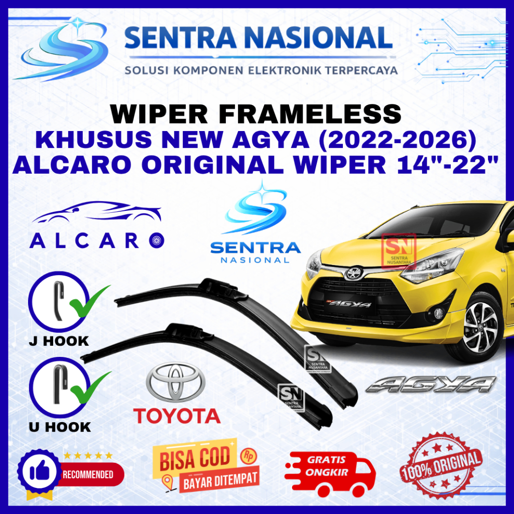 Wiper Mobil New Agya (2022-2026) Merk ALCARO ORIGINAL | Wiper Kaca Mobil Toyota New Agya Model Frame